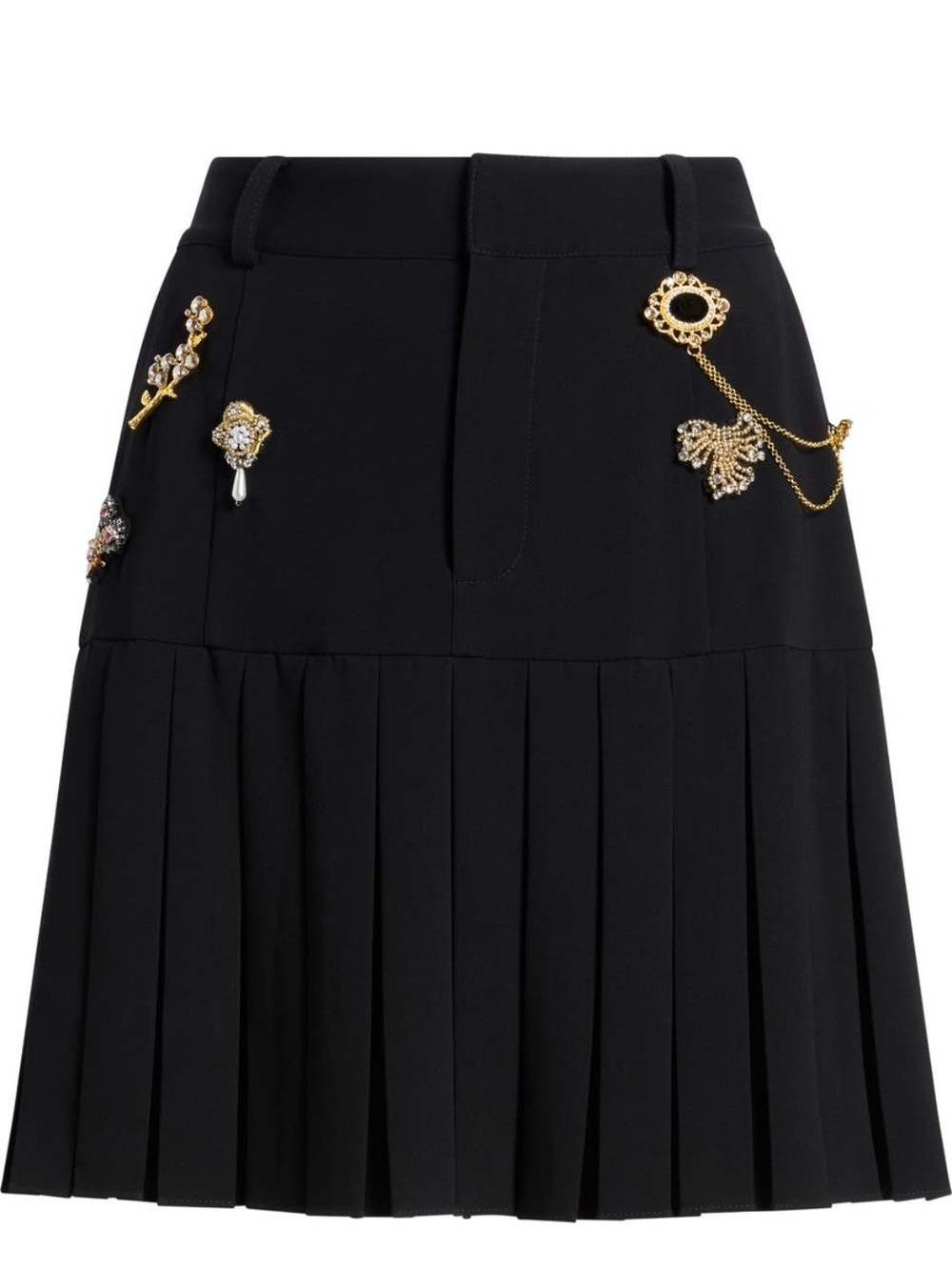 cinq a sept Black Pleated Mini Skirt with Gold Jewel Embellishments